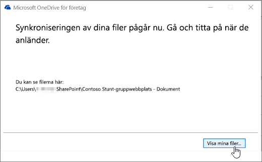 Dialogrutan för synkronisering i OneDrive för företag där knappen Visa mina filer har markerats.