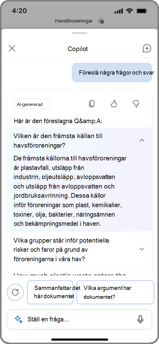 Skärmbild av Copilot i Word på en iOS-enhet med Copilots föreslagna resultat för frågor och svar