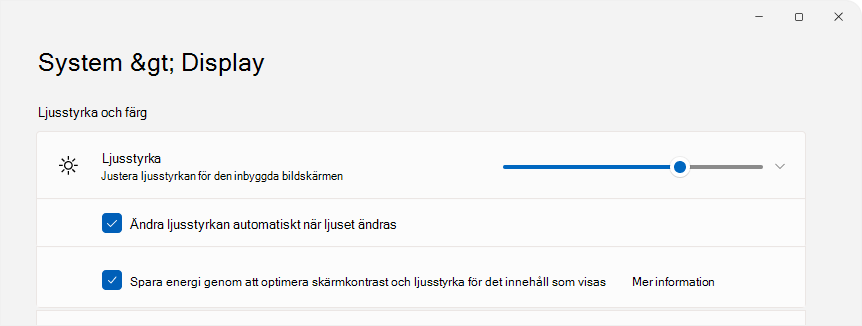 skärmbild av Inställningar som visar ljusstyrka.