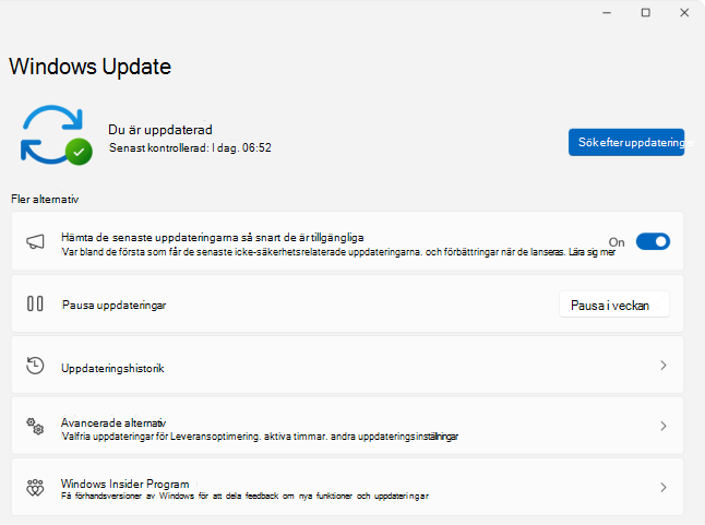 Skärmbild av > Windows Update Inställningar.