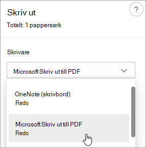 Skärmbild som visar val av Microsoft Skriv ut till PDF