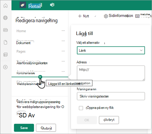 Skärmbild som visar några av de anpassade navigeringsalternativen för en SharePoint-sida.