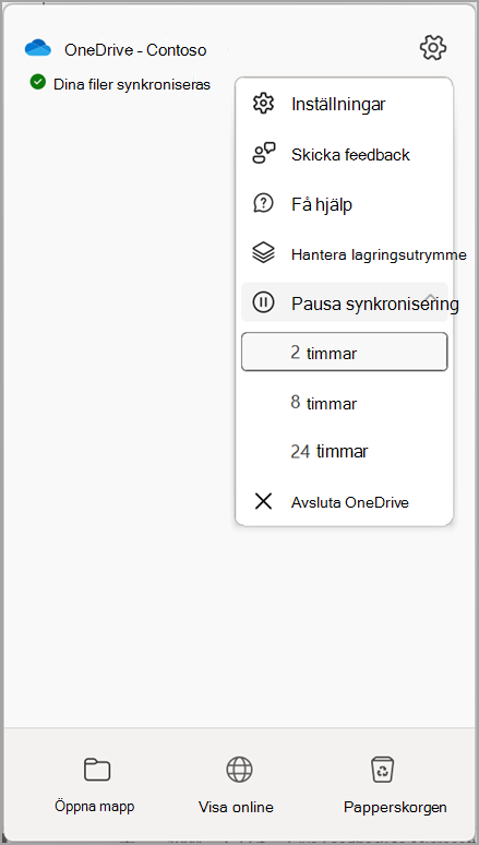 OneDrive-inställningar Pausa synkronisering