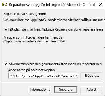 Visar resultaten för den genomsökta Outlook .pst-datafilen med Microsofts reparationsverktyg för inkorgen, SCANPST.EXE