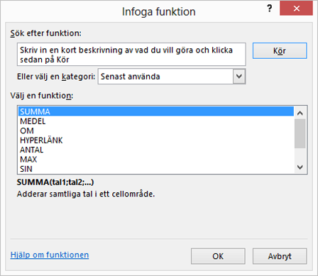 Infoga funktion - dialogruta