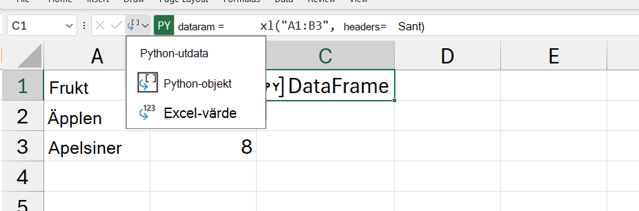 Den öppna Python-utdatamenyn i Excel.