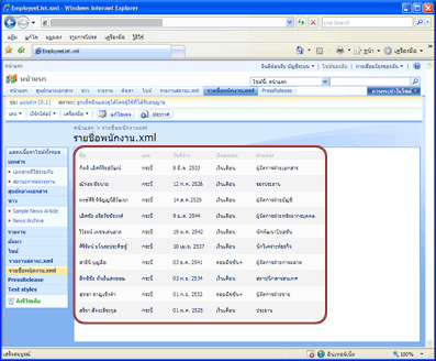 ตัวอย่างรายชื่อพนักงาน XML ที่แปลงเป็นเว็บเพจใน Office SharePoint Server 2007