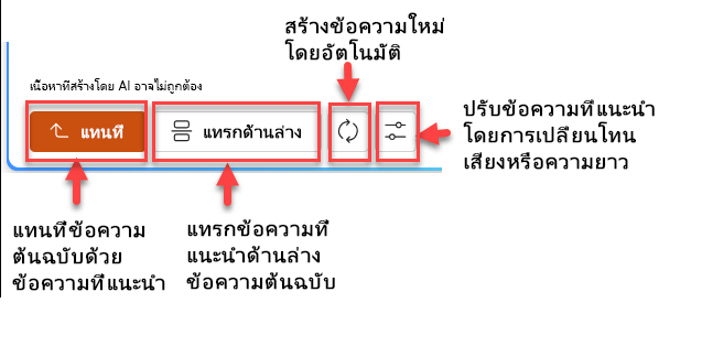 สกรีนช็อตของบานหน้าต่างข้อความที่แนะนำที่มีปุ่มสี่ปุ่ม ได้แก่ แทนที่ แทรกด้านล่าง สร้างใหม่ และปรับ