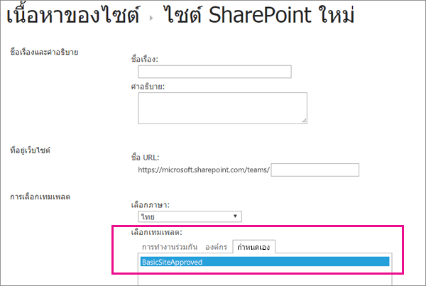 ส่วนบนของกล่องโต้ตอบสร้างไซต์