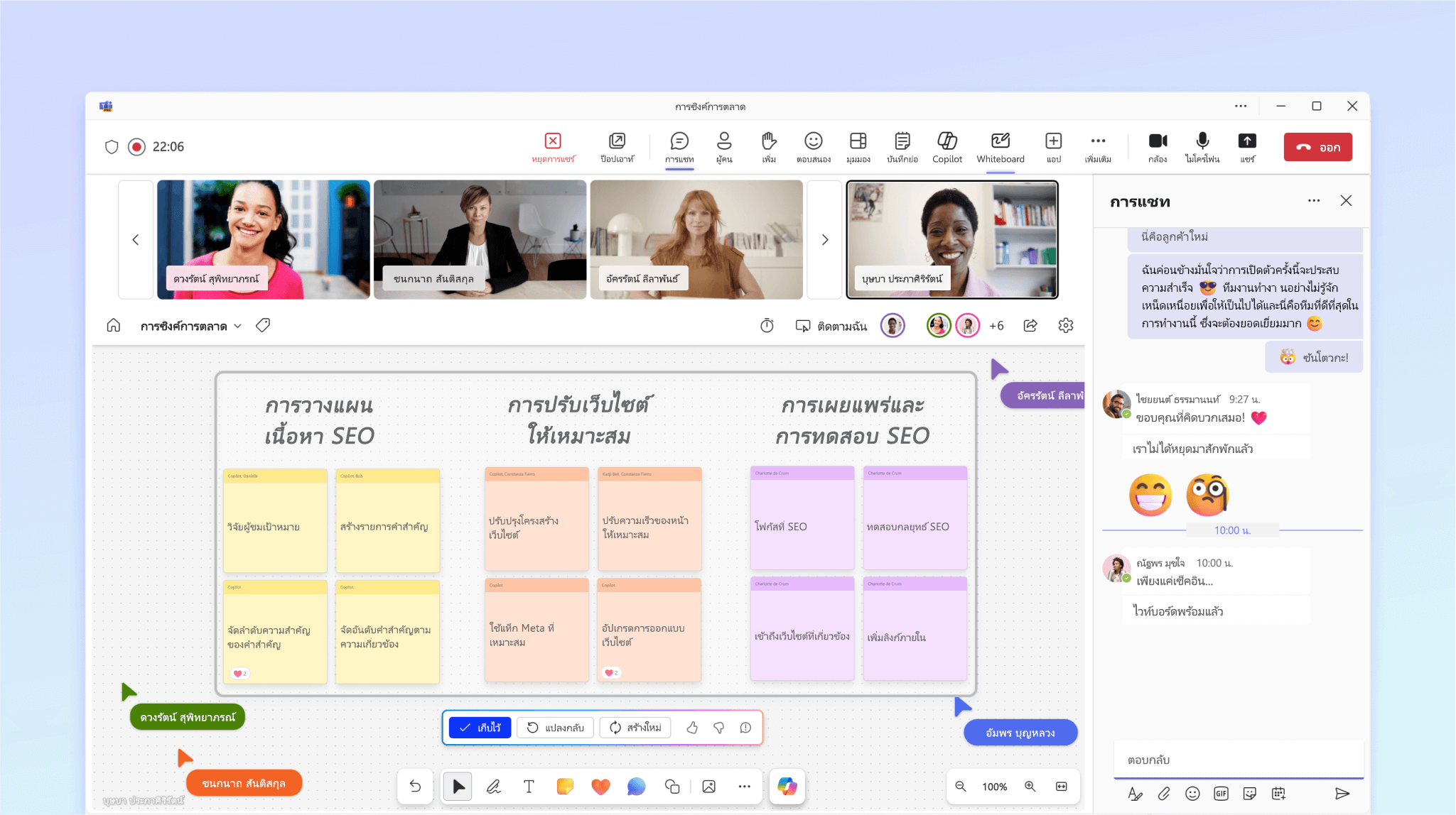 สกรีนช็อตแสดง Copilot ใน Whiteboard กำลังจัดระเบียบแนวคิดที่อภิปรายในระหว่างการประชุม