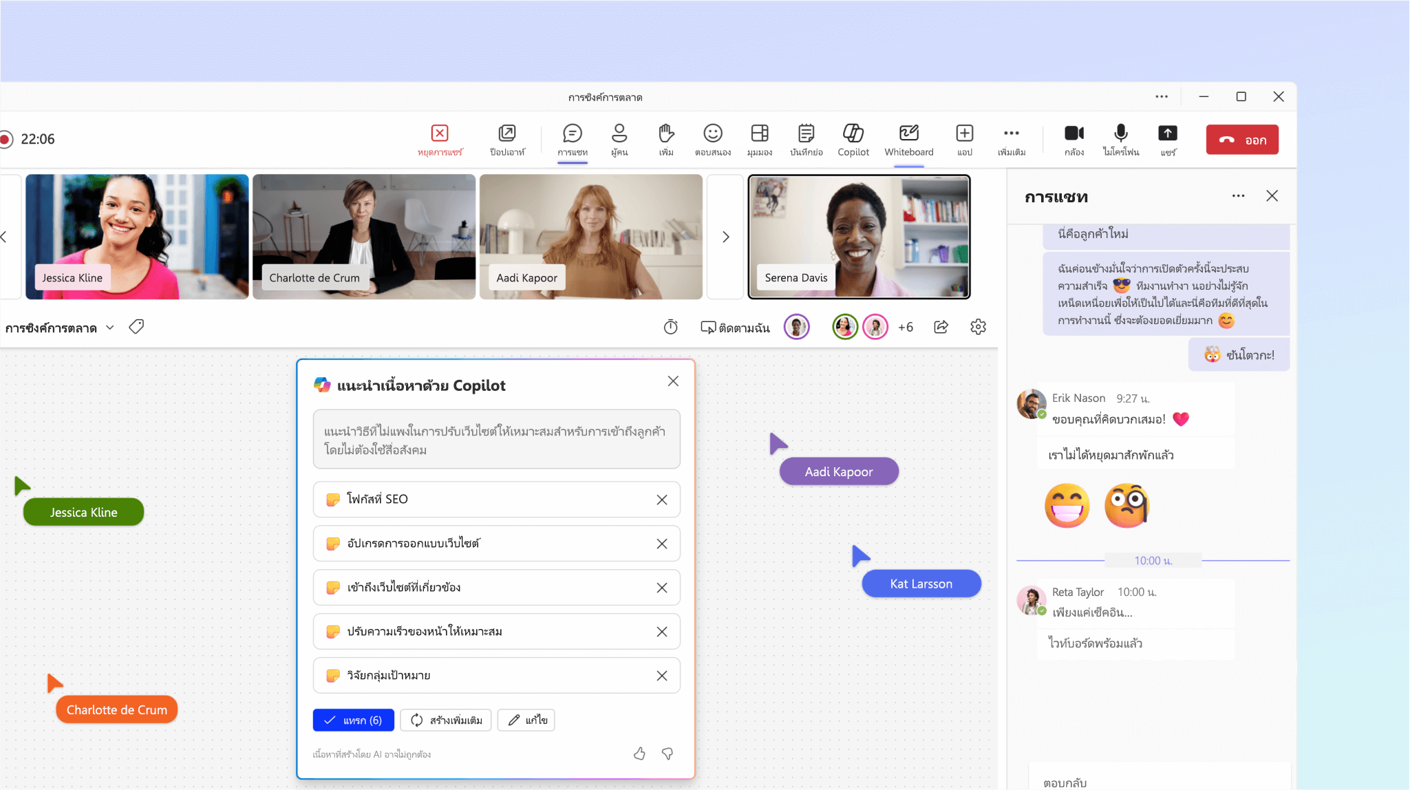 สกรีนช็อตแสดง Copilot ใน Whiteboard กำลังแนะนําหัวข้อสําหรับการประชุม