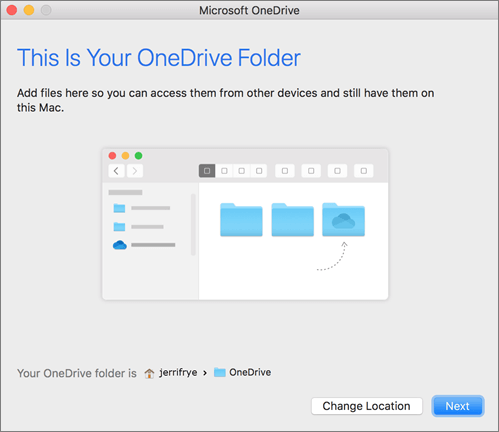 สกรีนช็อตของหน้า นี่คือโฟลเดอร์ OneDrive ของคุณ ใน ยินดีต้อนรับสู่ตัวช่วยสร้าง OneDrive บน Mac