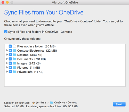 สกรีนช็อตของเมนูการตั้งค่า OneDrive สําหรับการเลือกโฟลเดอร์หรือไฟล์ที่จะซิงค์