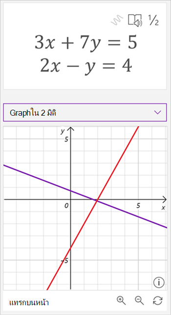 สกรีนช็อตของกราฟที่สร้างตัวช่วยทางคณิตศาสตร์แสดงสมการ 3 x บวก 7 y เท่ากับ 5 และ 2 x ลบ y เท่ากับ 4 กราฟแสดงเส้นตัดกันสองเส้น สีม่วงหนึ่งเส้นและสีแดงหนึ่งเส้น