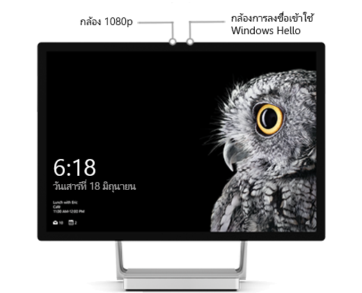 รูปภาพของจอแสดงผล Surface Studio ที่มีป้ายระบุตำแหน่งของกล้องสองตัวที่อยู่ใกล้กับกึ่งกลางด้านบน
