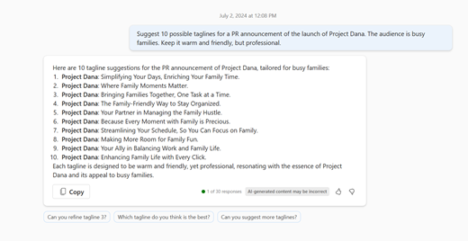 หน้าต่าง Copilot สําหรับ Microsoft 365 แสดงพร้อมท์เพื่อขอแท็กไลน์ที่แนะนําสําหรับ Project Dana