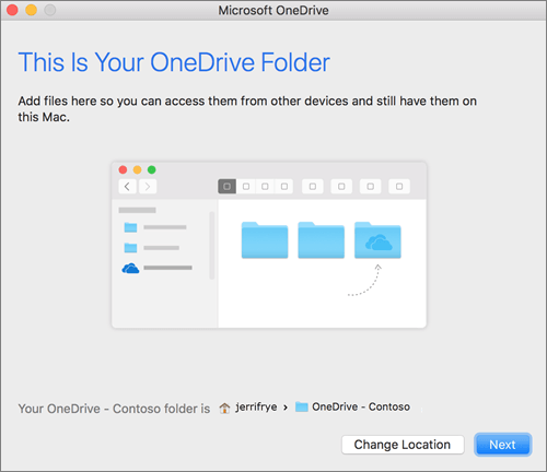 สกรีนช็อตของหน้า นี่คือโฟลเดอร์ OneDrive ของคุณ หลังจากเลือกโฟลเดอร์ใน ยินดีต้อนรับสู่ตัวช่วยสร้าง OneDrive บน Mac