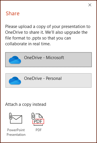 กล่องโต้ตอบการแชร์ในPowerPointเสนอให้อัปโหลดไฟล์ของคุณไปยัง Microsoft Cloud เพื่อให้คุณสามารถแชร์ไฟล์ได้อย่างราบรื่น