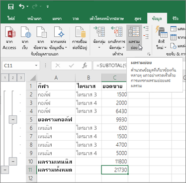 คลิก ผลรวมย่อย ในแท็บ ข้อมูล เพื่อเพิ่มแถวผลรวมย่อยในข้อมูล Excel ของคุณ
