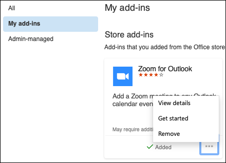 เมนู add-in ของฉันใน Outlook for Mac