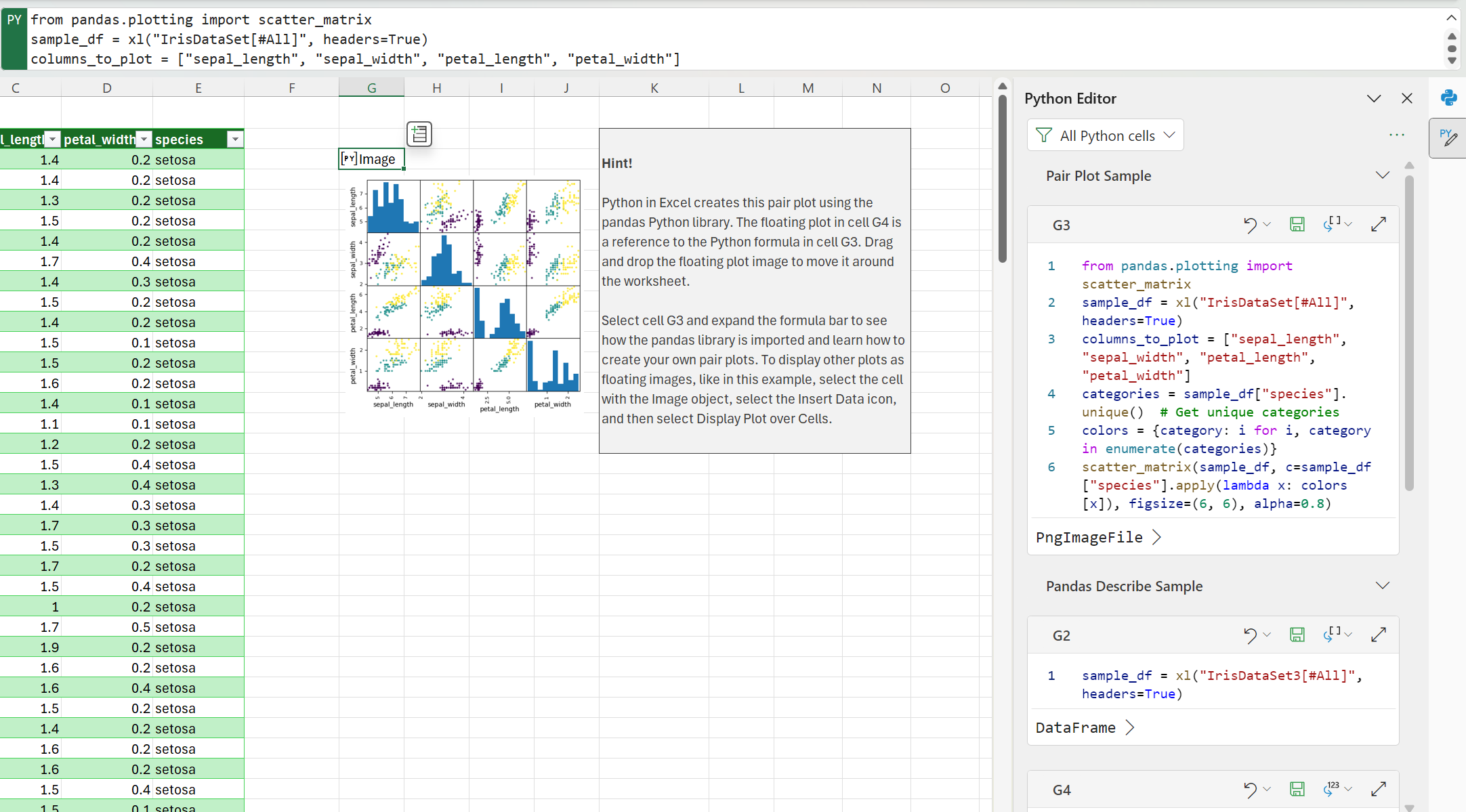 แสดงบานหน้าต่างงานที่เปิดอยู่และเซลล์ Python หลายเซลล์ในบานหน้าต่างงาน