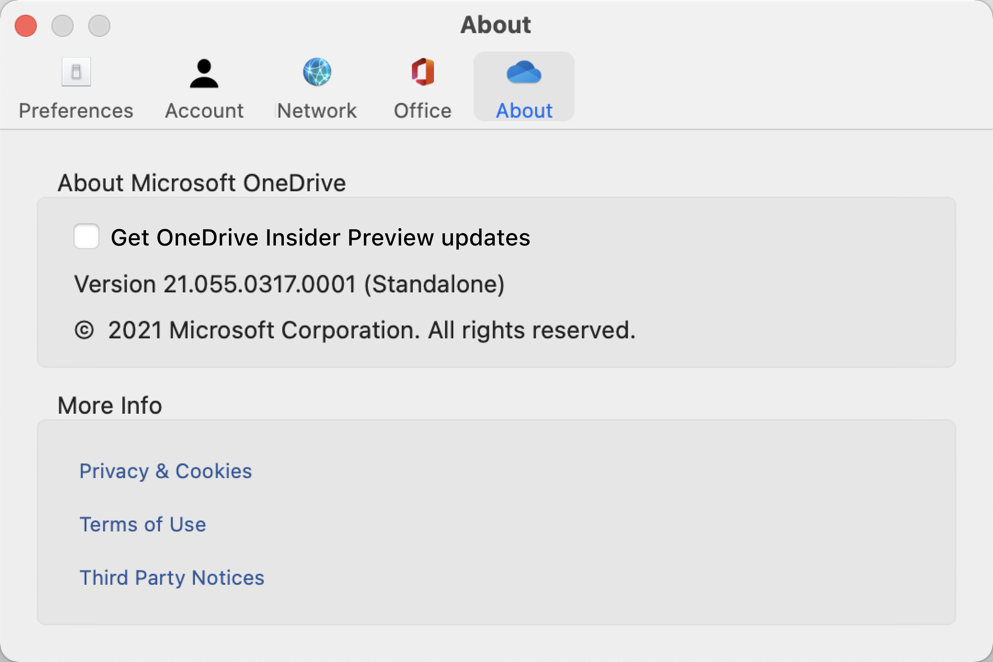 แสดงหน้าจอ เกี่ยวกับ ของ OneDrive บน Mac ข้อมูลรุ่นและเวอร์ชันอยู่ภายใต้ "เกี่ยวกับ Microsoft OneDrive"