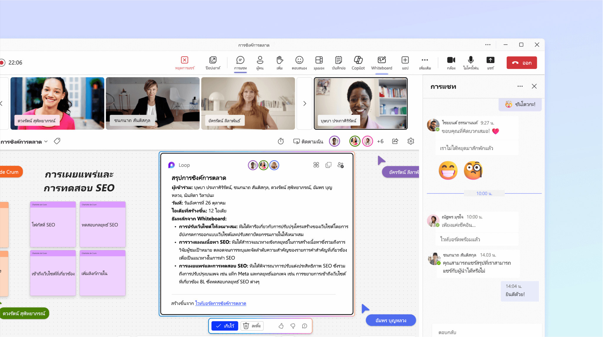 สกรีนช็อตแสดง Copilot ใน Whiteboard กำลังสรุปการอภิปรายในการประชุม