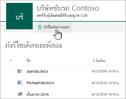 ถังรีไซเคิลระดับ 2 ของ SharePoint Online ที่มีปุ่ม ล้างถังรีไซเคิล ถูกเน้นไว้