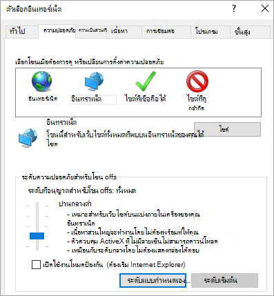 แท็บความปลอดภัยของตัวเลือก Internet Explorer ที่แสดงปุ่มระดับแบบกำหนดเอง