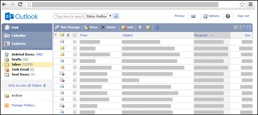 สกรีนช็อตของกล่องขาเข้าใน Outlook Web App Light