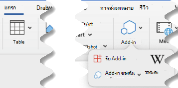 กลุ่ม Add-in ใน Word for Mac