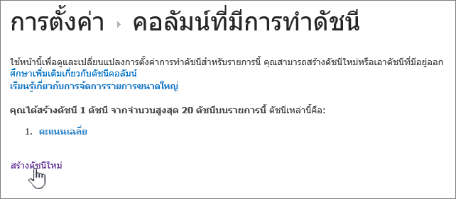 หน้าคอลัมน์ที่มีการทำดัชนีด้วยการสร้างดัชนีใหม่ที่ถูกเน้น