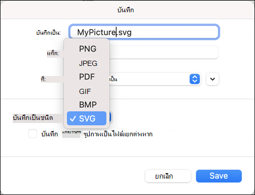 กล่องโต้ตอบบันทึกเป็นใน Outlook 2021 for Mac ที่เลือกตัวเลือก SVG