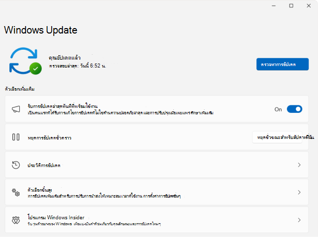 สกรีนช็อตของ > Windows Update การตั้งค่า