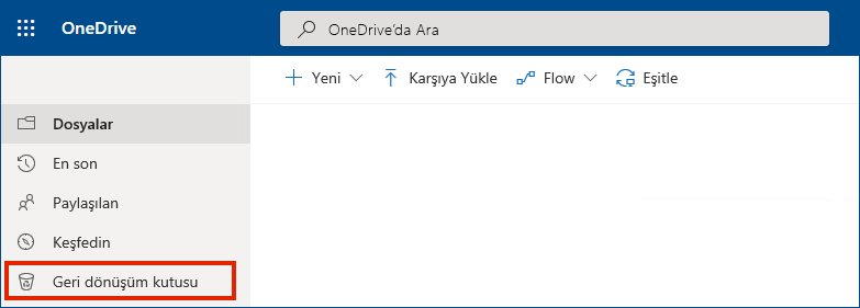 Sol menüde geri dönüşüm kutusunun gösterildiği OneDrive İş çevrimiçi sürümü