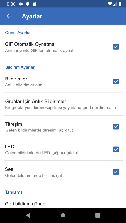Android Yammer'da Ayarlar seçenekleri