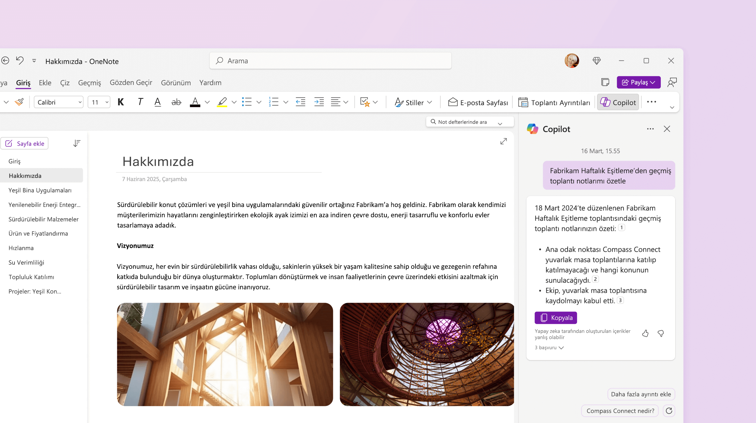 Sunumu özetleyen OneNote'ta Copilot'ı gösteren ekran görüntüsü.