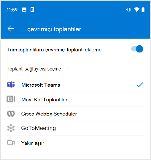 Android üzerinde Outlook'ta varsayılan çevrimiçi toplantı sağlayıcısını seçme