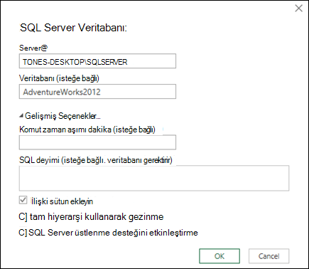 Power Query SQL Server Veritabanı bağlantısı iletişim kutusu