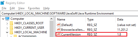 Kayıt defterindeki sürüm Java Çalışma zamanı ortamı