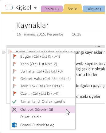 OneNote 2016’da bir Outlook görevinin nasıl silineceğini gösteren ekran görüntüsü.