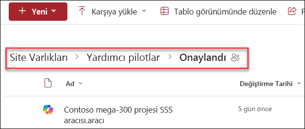 onaylı bir Copilot aracısının kaydedileceği klasör yapısının ekran görüntüsü