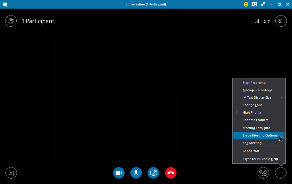 Skype Kurumsal toplantı seçenekleri menüsü