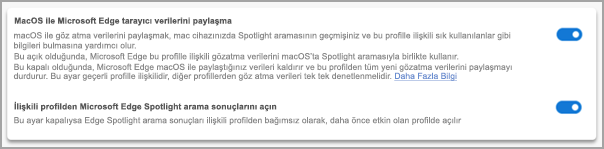 Microsoft Edge'de Spotlight araması ayarları.