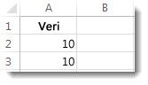 Bir Excel çalışma sayfasının A2 ve A3 hücrelerindeki veriler