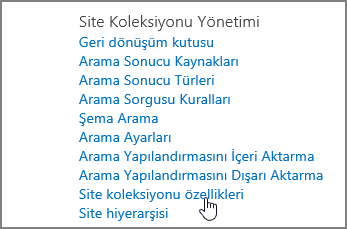 Site koleksiyonu yönetim menüsünde seçilen site koleksiyonu özelliği ayarlar 'ın altında