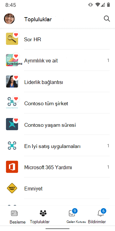 Yammer Android uygulamasında toplulukları gösteren ekran görüntüsü