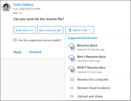 Outlook’ta önerilen dosyaları ekleme.