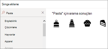 Arama kutusunda "Pasta" olan, 4 farklı pasta simgesinin görüntülendiği Simge ekleme sayfası