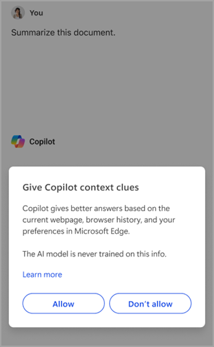 Microsoft Edge'de Copilot ile AB ve Çin'de bağlam için gözatma geçmişini kullanma izinleri isteği.